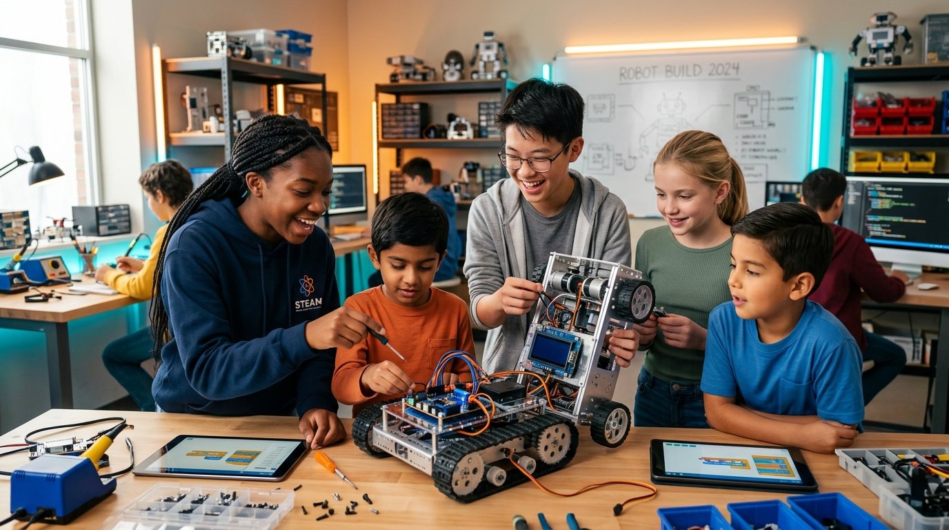 Estudantes do Robotic Minds Manacapuru construindo e testando robô com sensores e microcontroladores
